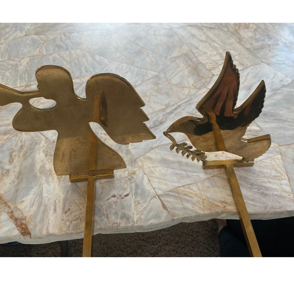 Vintage Solid Brass Christmas Stocking Holders Set of 2 Angel and Dove Gold